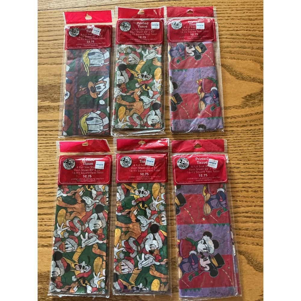 Vintage Disney Mickey & Friends Christmas Printed Tissue Paper Lot 6 Packs 24ct